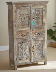 Indian Hand Carved Mango Wooden Cupboard Wardrobe D73