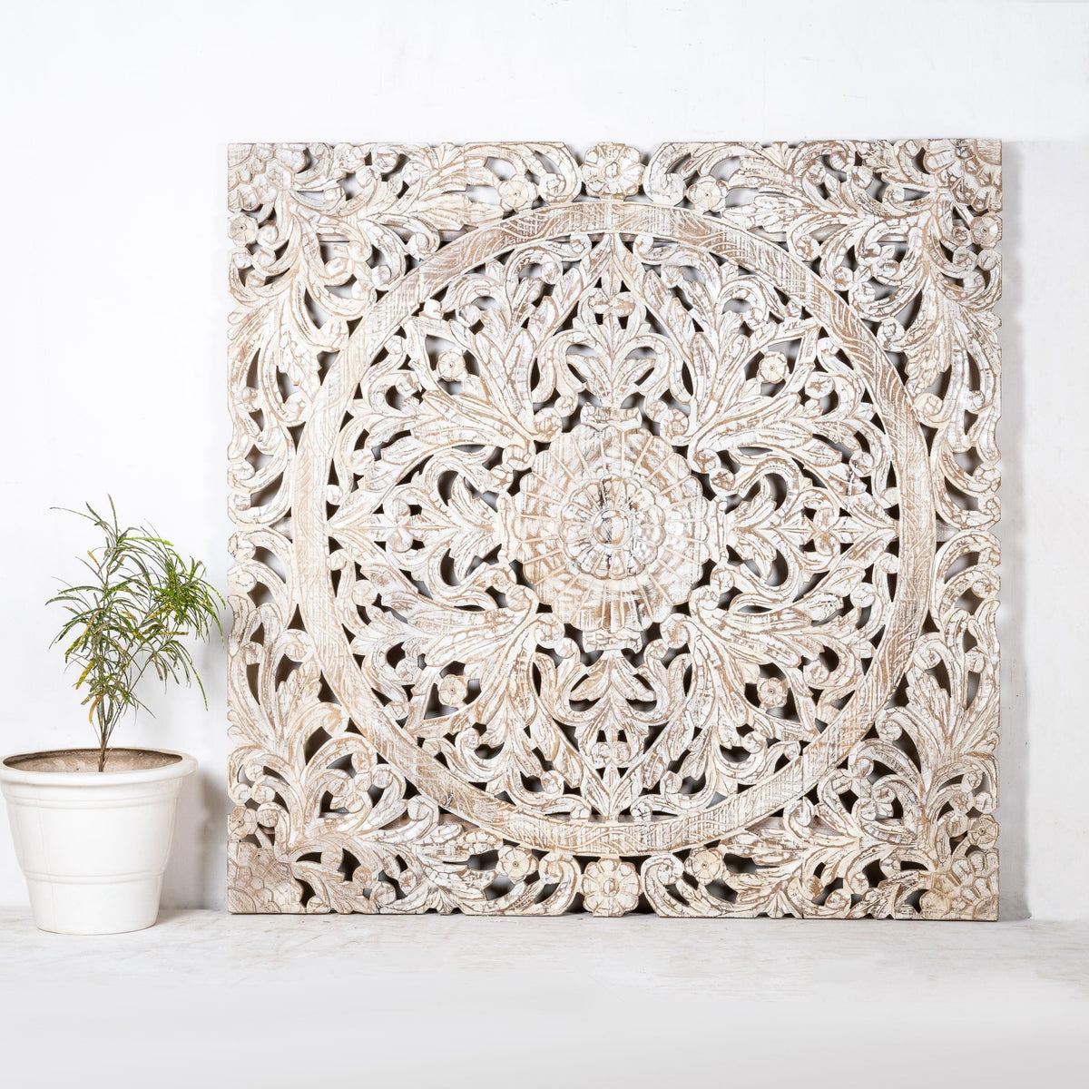 Indian Furniture Solid Hard Wood Mandala Carving Wall Panel