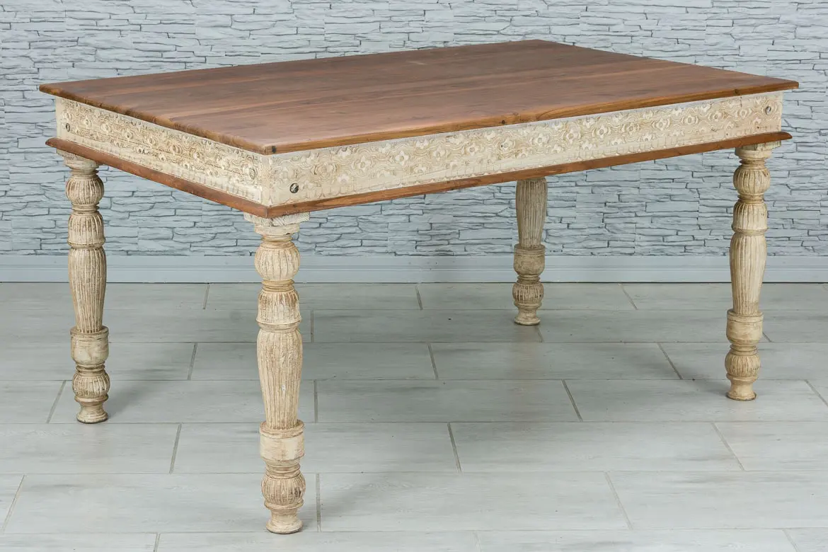 Indian Hand Mughal Garden Indian Solid Wooden Coffee Table Whitewash 150x90x78cm