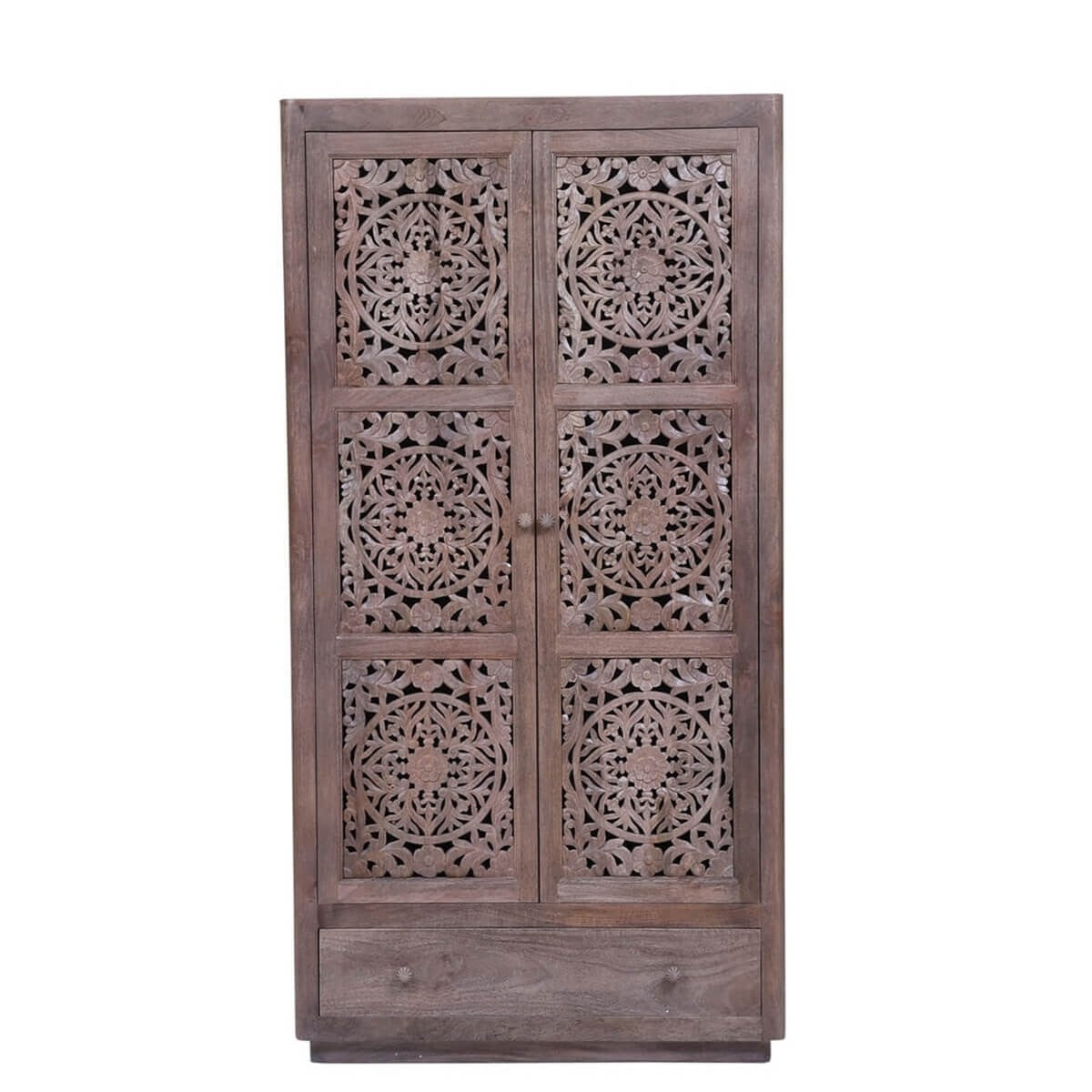 Dynasty Hand Carved Indian Reclaimed Wood Cabinet Shelves And Drawers