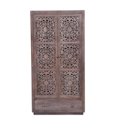 Dynasty Hand Carved Indian Reclaimed Wood Cabinet Shelves And Drawers