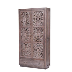 Dynasty Hand Carved Indian Reclaimed Wood Cabinet Shelves And Drawers