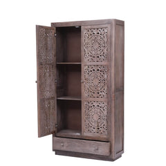 Dynasty Hand Carved Indian Reclaimed Wood Cabinet Shelves And Drawers