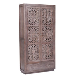 Dynasty Hand Carved Indian Reclaimed Wood Cabinet Shelves And Drawers