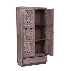 Dynasty Hand Carved Indian Reclaimed Wood Cabinet Shelves And Drawers