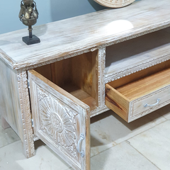 Handmade Indian Furniture Solid Hard Wood Carved Tv Unit in Whitewash 195X40X60CM