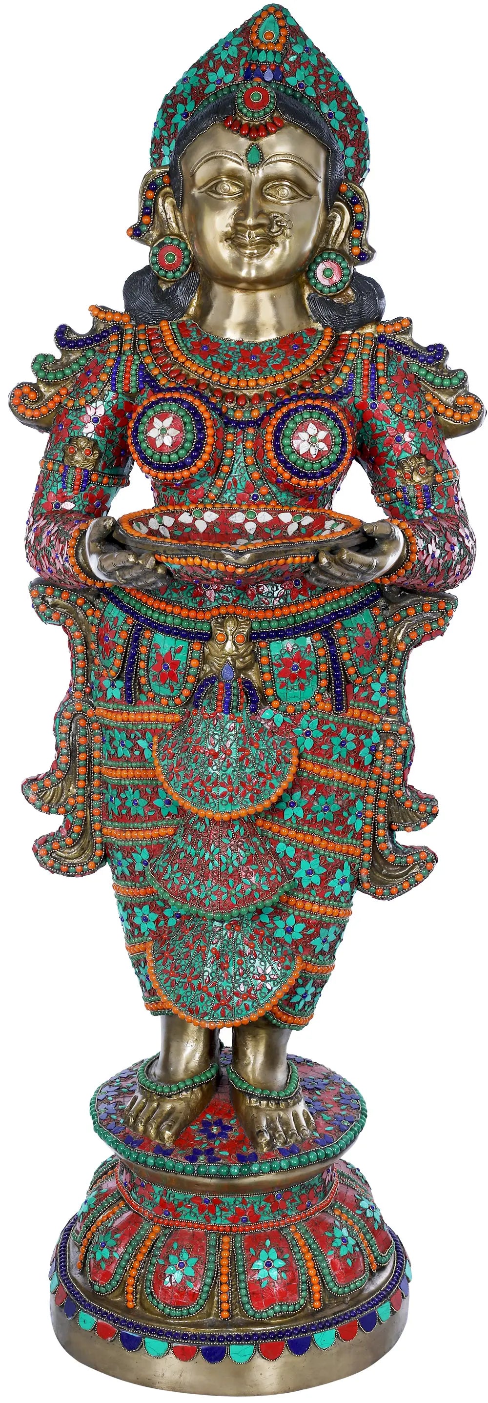 Indian Handmade Deeplakshmi Brass Statue With Inlay Work