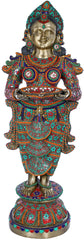 Indian Handmade Deeplakshmi Brass Statue With Inlay Work
