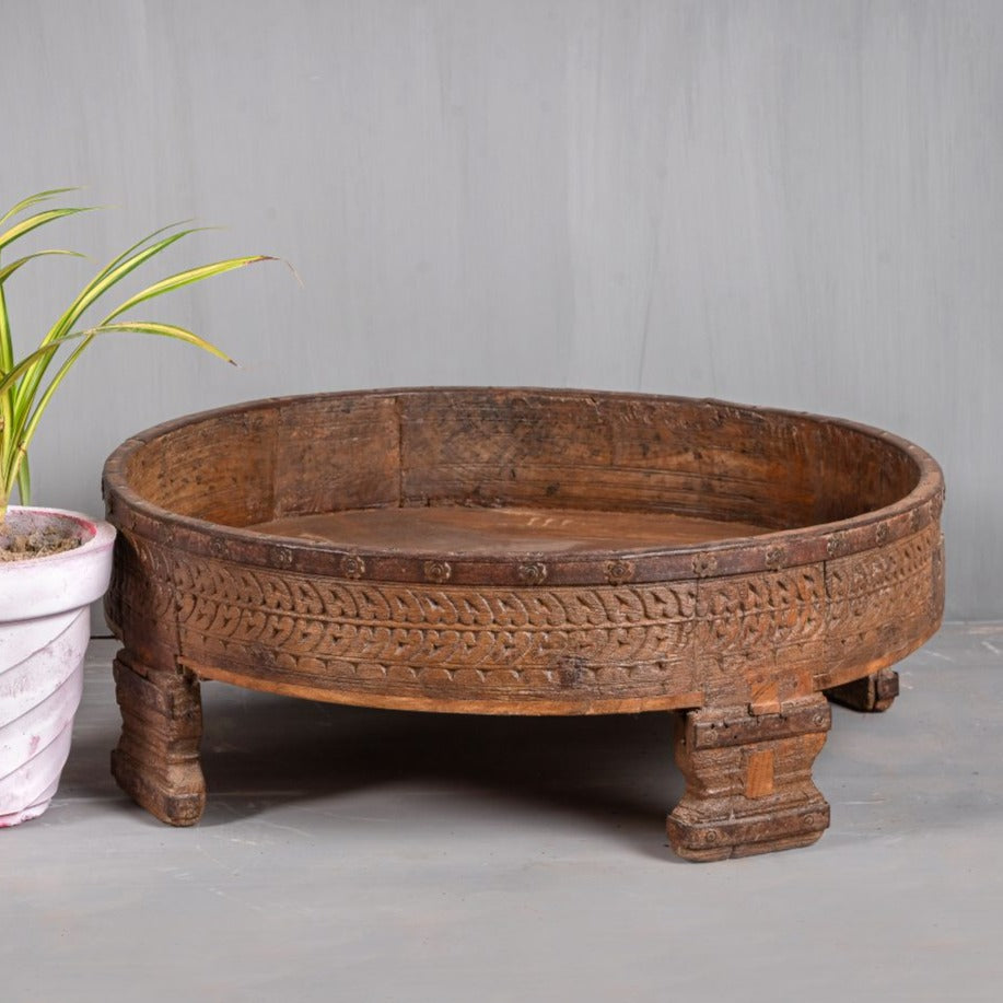 Antique Handmade Carved Coffee Round Grinder Table in Dark Brown