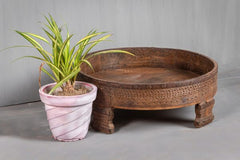 Antique Handmade Carved Coffee Round Grinder Table in Dark Brown