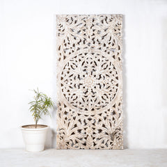 Indian Furniture Solid Hard Wood Mandala Carving Wall Panel Rectangle