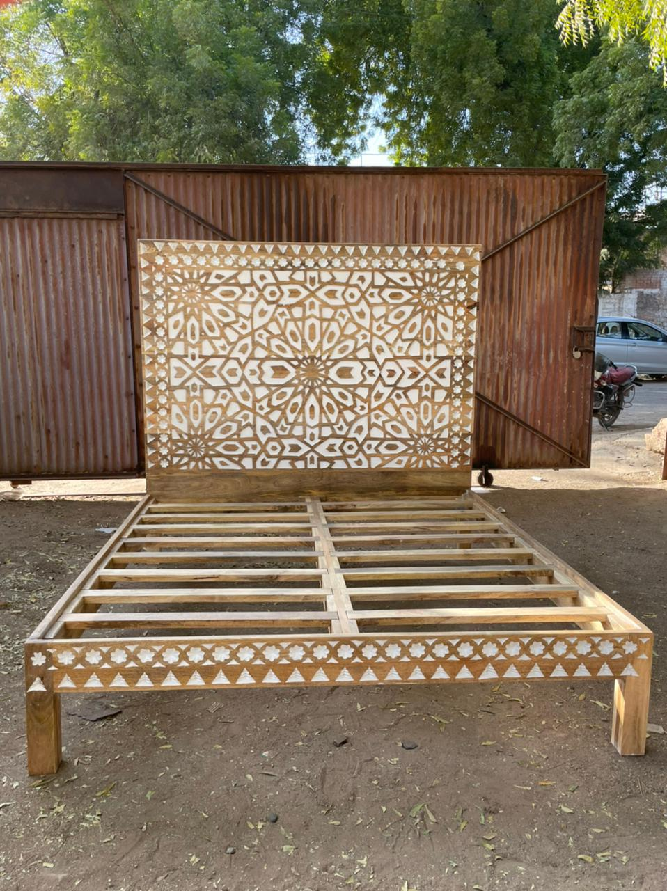 Mughal Garden Geometrical Carved Natural Bed Frame 2 Tone KING SIZE