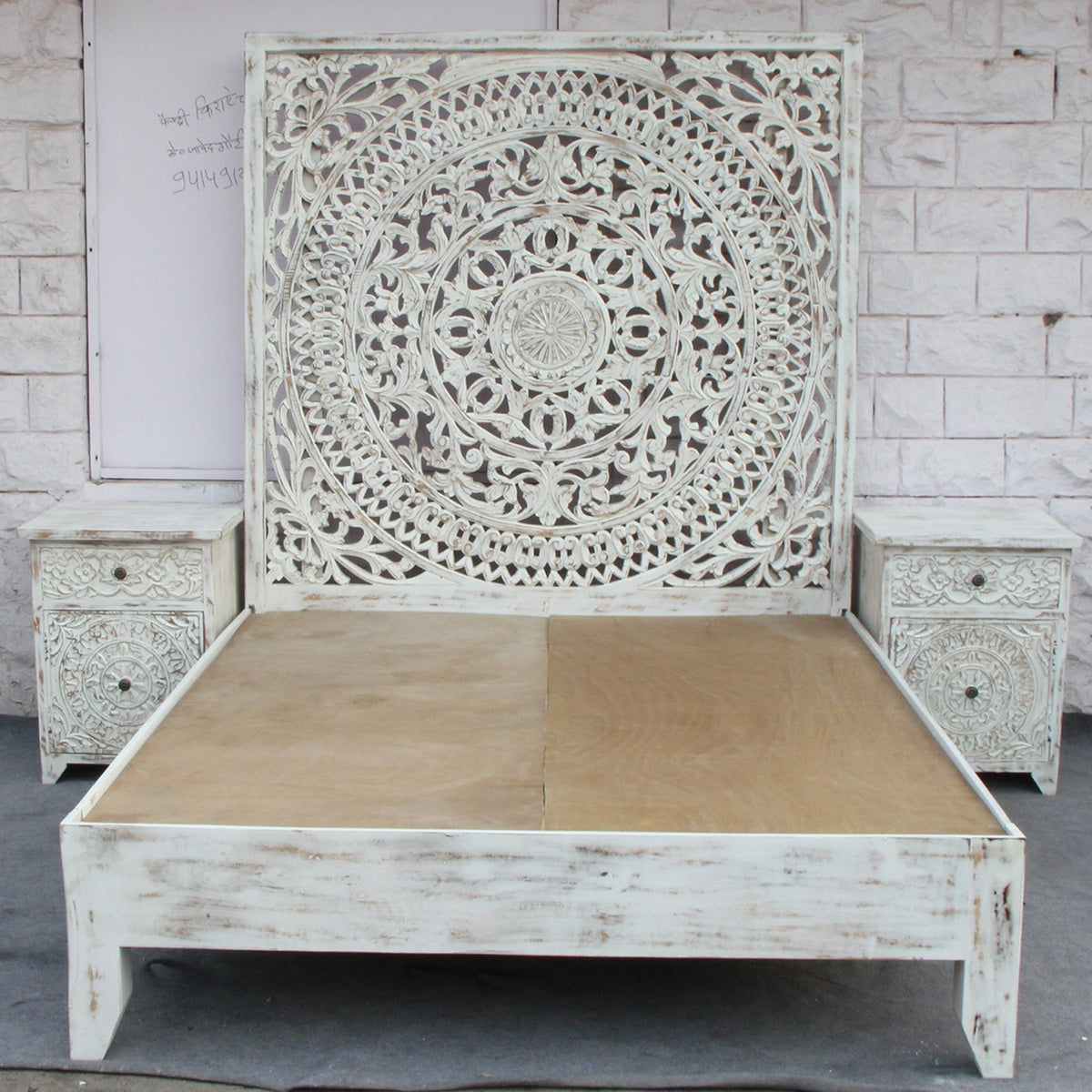 Indian Solid Wood Carved Dynasty King Bed White