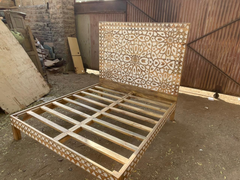 Mughal Garden Geometrical Carved Natural Bed Frame 2 Tone KING SIZE