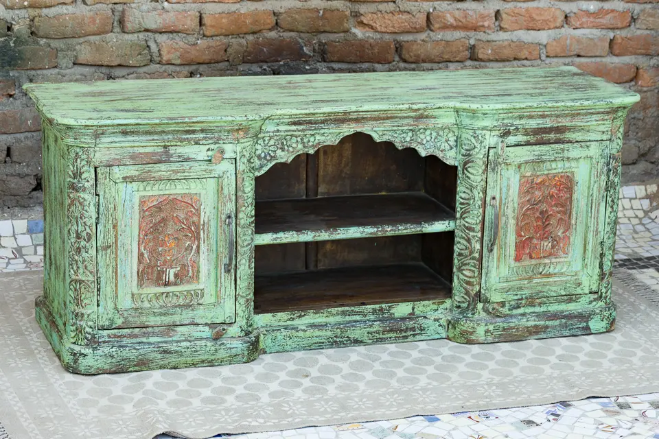 Indian Hand Mughal Garden Carved Solid Wooden Entertainment TV Unit Plasma Greenwash 150×44×63cm