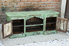 Indian Hand Mughal Garden Carved Solid Wooden Entertainment TV Unit Plasma Greenwash 150×44×63cm