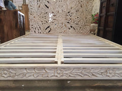 Indian Rustic Solid Wood Carved Dynasty King Mattress Bed Whitewash