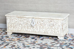 Indian Hand Mughal Garden Carved Solid Wooden Chest Blanket Box Storage Whitewash 114×41×40cm