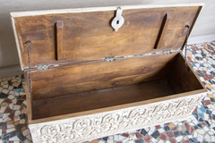 Indian Hand Mughal Garden Carved Solid Wooden Chest Blanket Box Storage Whitewash 114×41×40cm