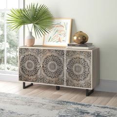 Angle Industrial Metal Leg & Wood Carved Sideboard