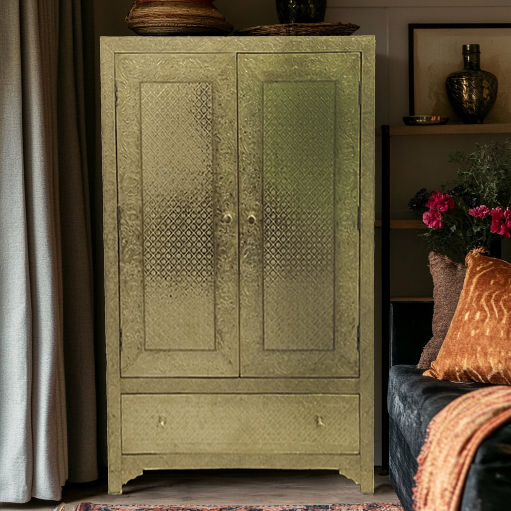 Indian Embossed Brass Work Solid Wood Cabinet Wardrobe D78