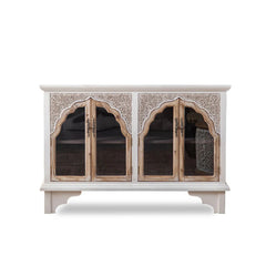 Indian Hand Carved Glass Door Solid Wood Sideboard A2