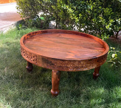 Indian Hand Carved Solid Wood Chakki Grinder Coffee Table C166