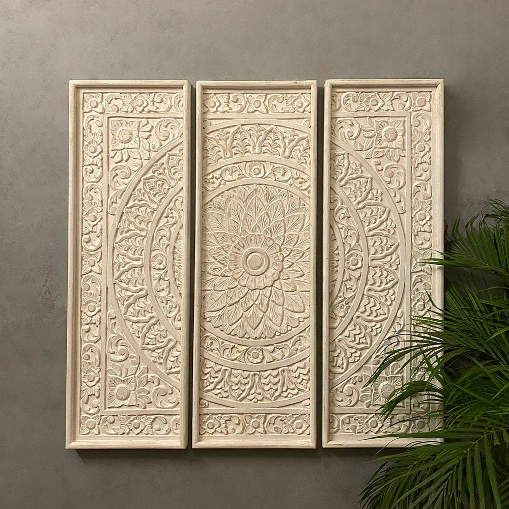 Hand Carved Solid Wood Three Piece Wall Hanging Panel 10