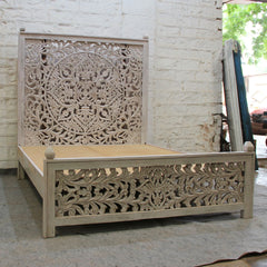 Dynasty Hand Carved Indian Wooden Kerri Bed Frame Grey