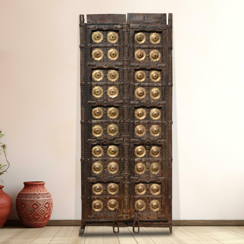 Indian Vintage Antique Teak Wood Brass Work Door Panel 33