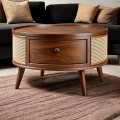 Rattan Elegance Series Solid Wood Round Shape With Rattan Cane Work Coffee Table C106