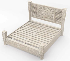 Hand Carved Solid Wooden King Sized Bed in White