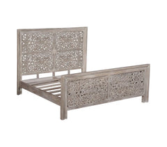 Indian Hand Carved Solid Wood Bed Frame Whitewash 03