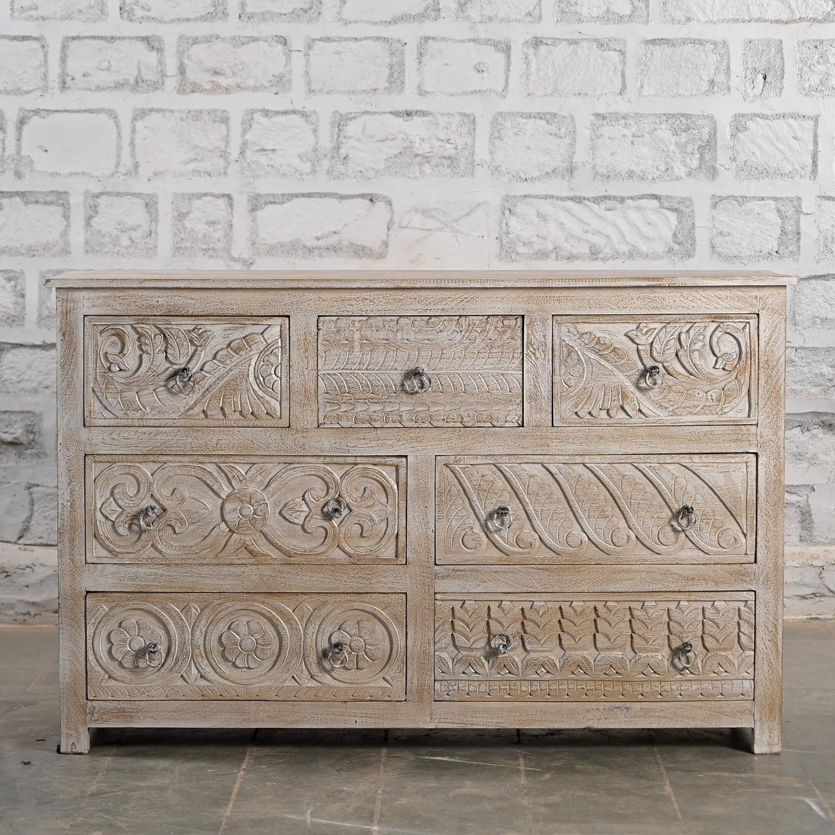 Indian Handmade Carved Solid Wood Drawer Sideboard Whitewash