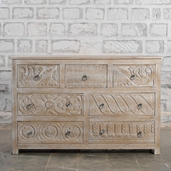 Indian Handmade Carved Solid Wood Drawer Sideboard Whitewash