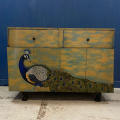 Indian Hand Carved Solid Wooden Old Door Buffet Cabinet Painted Sideboard 120x37x80cm