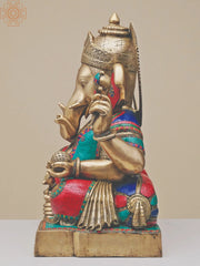 Indian Lord Ganesha Handmade Brass Statue With Inlay Work