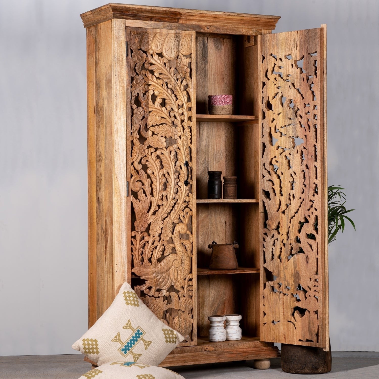 Kalah Solid Mango Wood Indian Hand Carved Wardrobe Cabinet Almirah Antique style Pantry Painted V02  -  