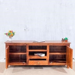 Indian Handmade Carved Solid Hard Wood Tv Unit with Drawers Brown 150x42x60Cm