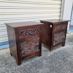 Indian Floral Hand Carved Wood Bed Side Table Set 50x40x65 Brown