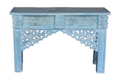 Pine Grove Carved Handmade Indian Furniture Moroccan Tiles Console Hall Table in Rustic Blue