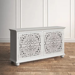 Carved Oasis Hand Carved Solid Mango Wood Floral Carvings Sideboard in White