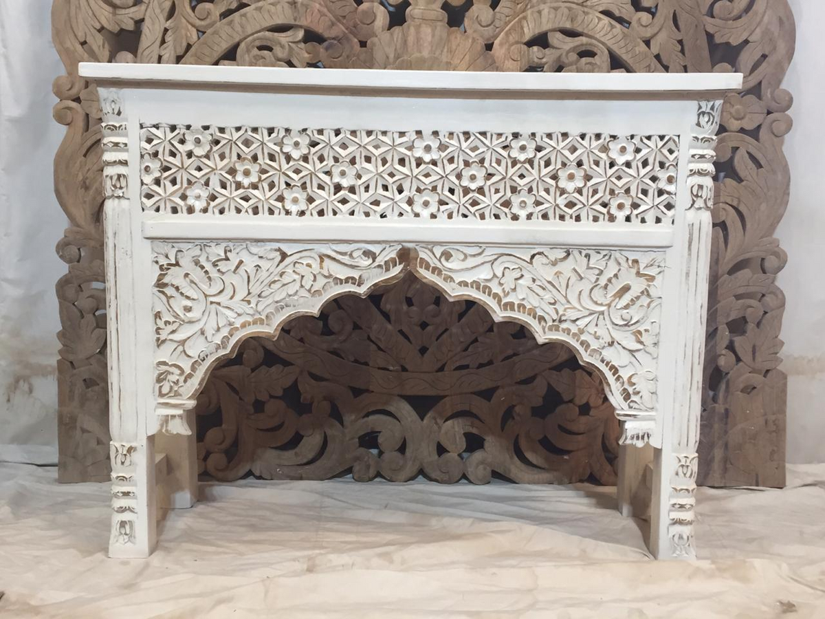 Mehrab Indian Carved Console Table Whitewash Finish 120cm