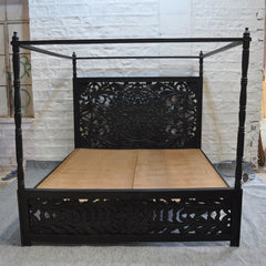 Dynasty 4 Post Poster Hand Carved Panel Bed KING - Matt Black