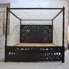 Dynasty 4 Post Poster Hand Carved Panel Bed KING - Matt Black