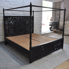 Dynasty 4 Post Poster Hand Carved Panel Bed KING - Matt Black