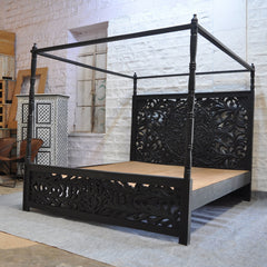 Dynasty 4 Post Poster Hand Carved Panel Bed KING - Matt Black