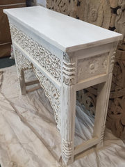 Mehrab Indian Carved Console Table Whitewash Finish 120cm