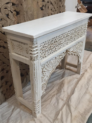 Mehrab Indian Carved Console Table Whitewash Finish 120cm