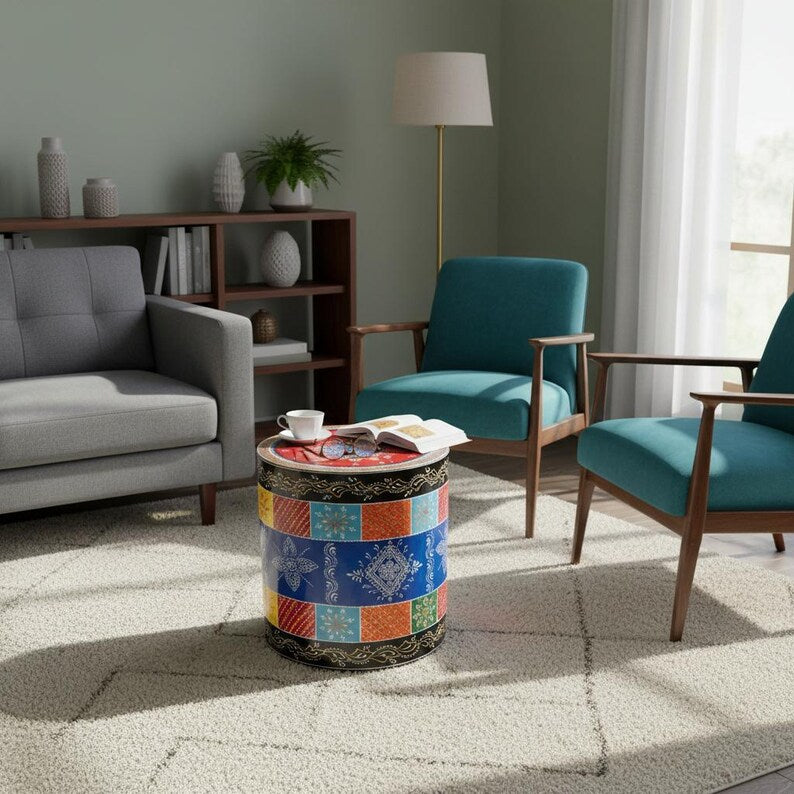 Indian Hand Painted Solid Wood Round Coffee Table C152